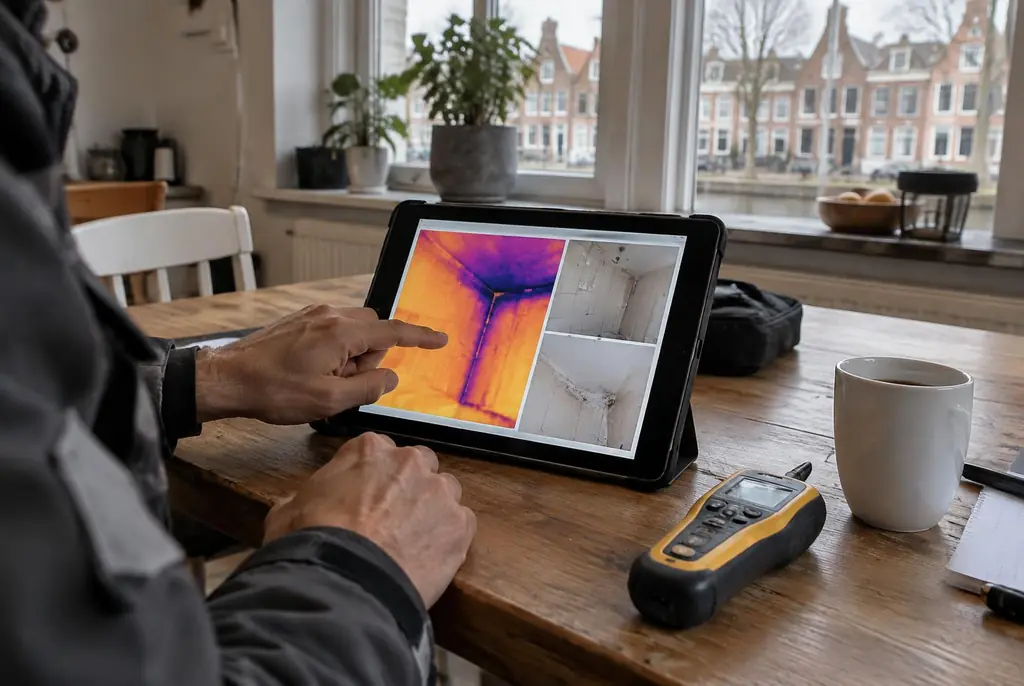 Lekdetectie Alkmaar – lekdetectierapport met warmtebeelden en foto's op een tablet