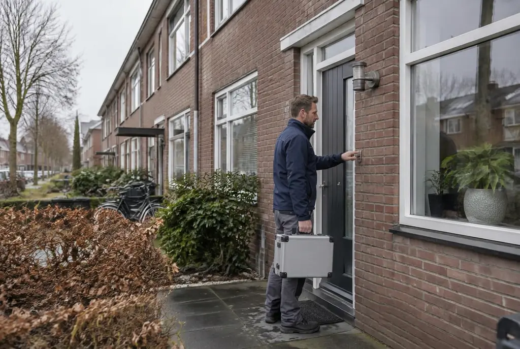 Lekdetectiespecialist met meetkoffer bij de voordeur van een woning in Alkmaar