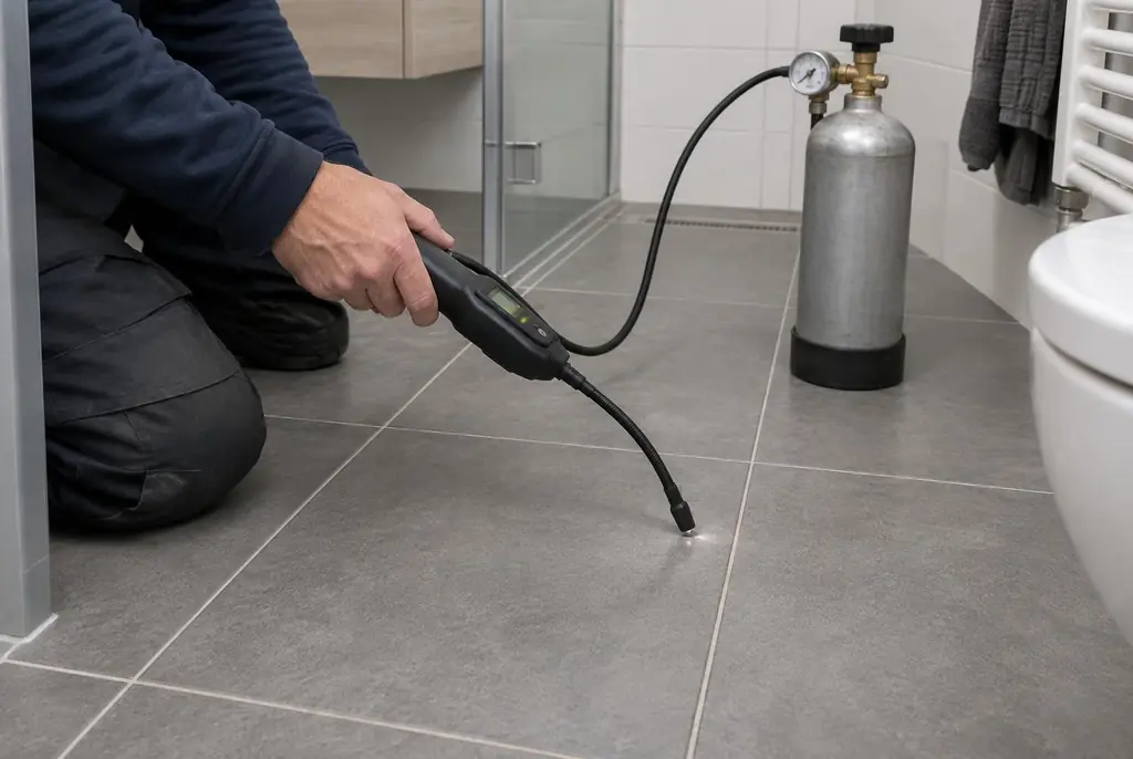 Lekdetectie Alkmaar – technicus spoort met tracergas een lekkage op in de vloer